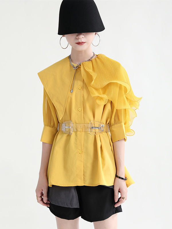 Stylish Asymmetric Split-Joint Falbala With Belted Half Sleeves Blouses