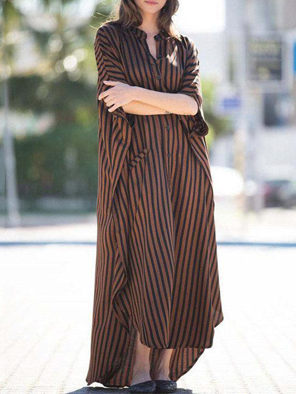 Batwing Sleeves Half Sleeves Buttoned Pockets Striped Round-Neck Beach Cover-Up Maxi Dresses