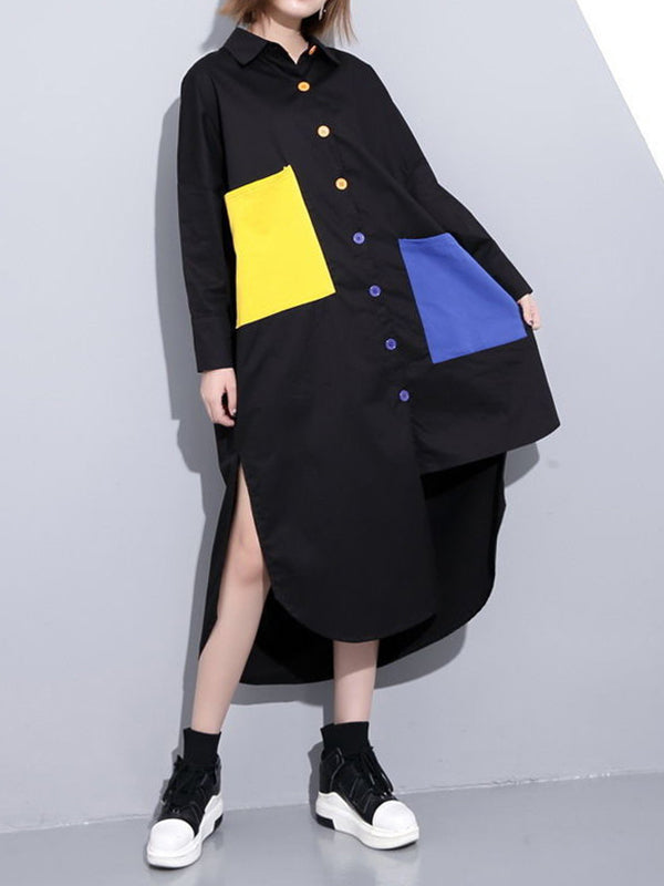 Long Sleeves Loose Asymmetric Buttoned Contrast Color Pockets Lapel Midi Dresses Shirt Dress