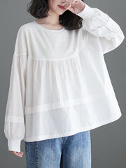 A-Line Long Sleeves Pleated Split-Joint Round-Neck T-Shirts Tops