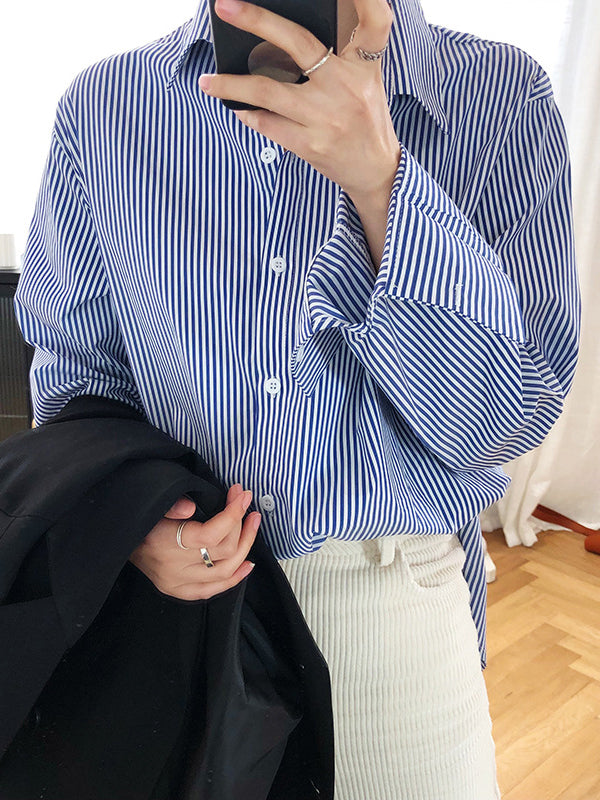 Urban Loose Striped Lapel Collar Blouses&Shirts Tops