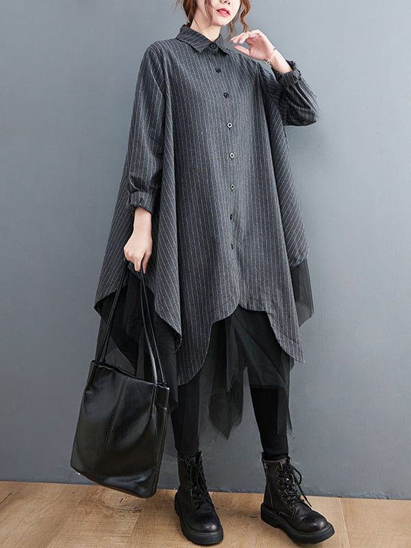 Loose Striped Gauze Split-Joint Lapel Long Dress