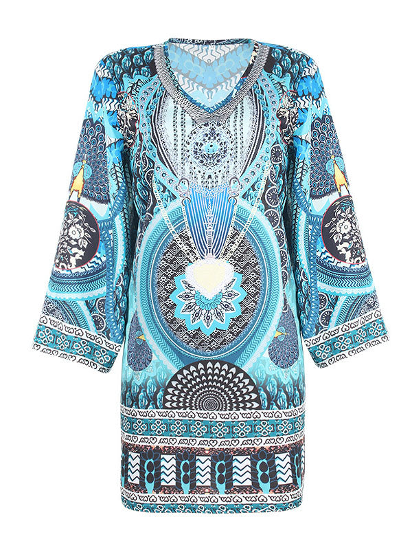 A-Line Flared Sleeves Printed Split-Joint V-Neck Mini Dresses