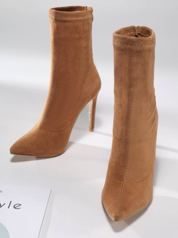 Pointed-Toe Solid Color Split-Joint Boots Pumps