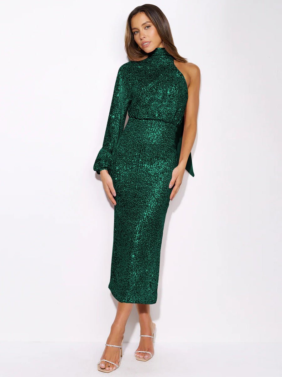 Judith Sequins Halterneck Asymmetry Midi Dress