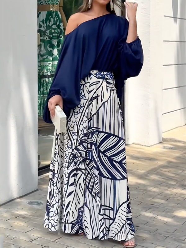 Loose Puff Sleeves Solid Color Off-The-Shoulder Blouses& Printed Pants Two Pieces Set