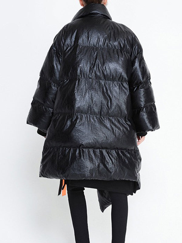 Long Sleeves Loose Asymmetric Keep Warm Tied Velvet High Neck Padded Coat Padded Coat/Down Coat