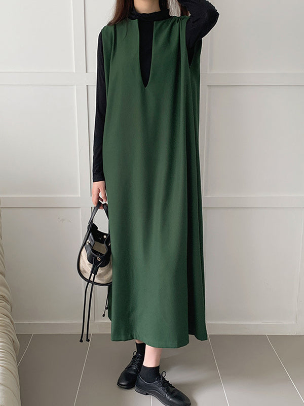 Casual Sleeveless Loose Solid Color V-Neck Midi Dresses