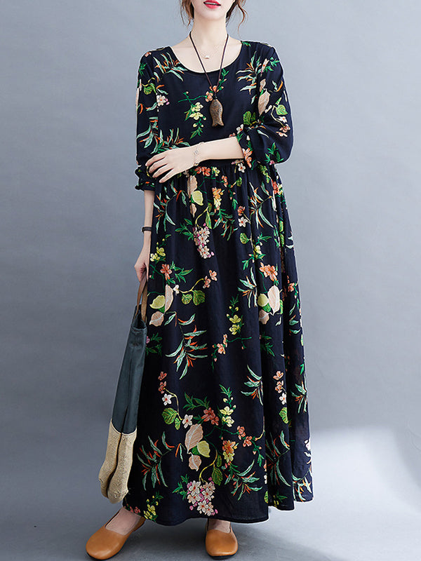 Vacation Long Sleeves Loose Floral Printed Round-Neck Maxi Dresses