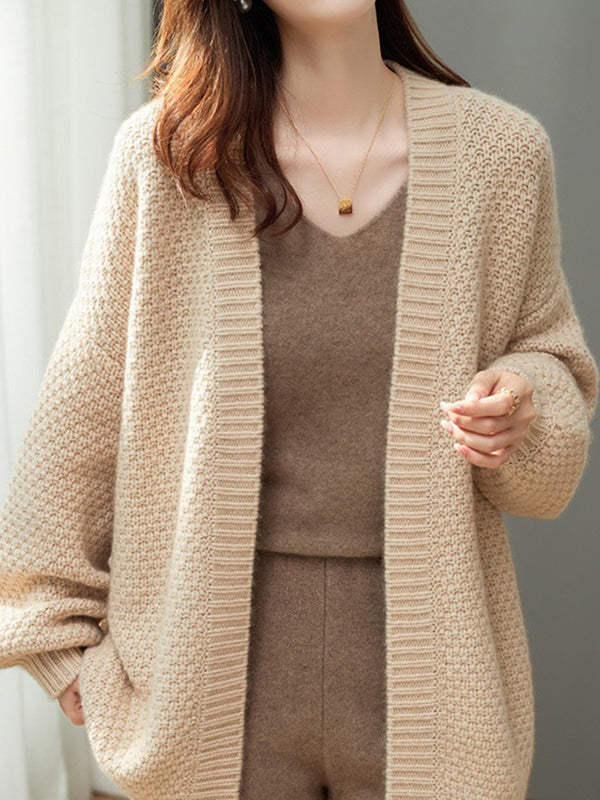 Long Sleeves Loose Solid Color Collarless Cardigan Tops