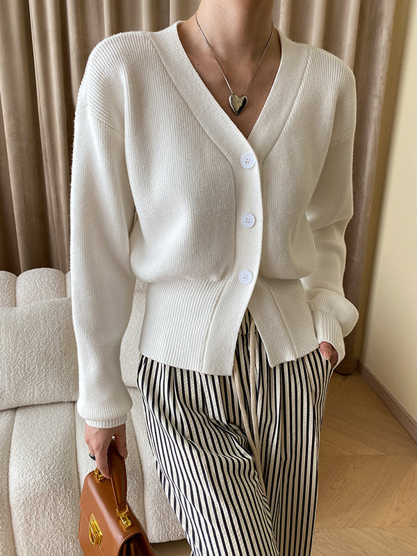 Long Sleeves Loose Solid Color V-Neck Cardigan Tops