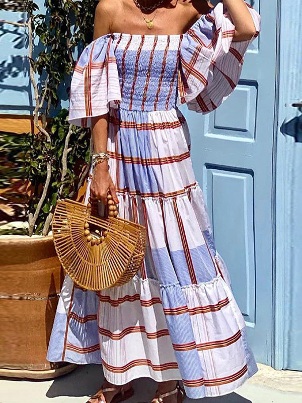 Loose Elasticity Falbala Pleated Off-The-Shoulder Maxi Dresses