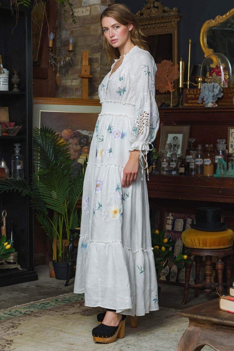 Cecilia Embroidered V-neck Shirred Maxi Dress