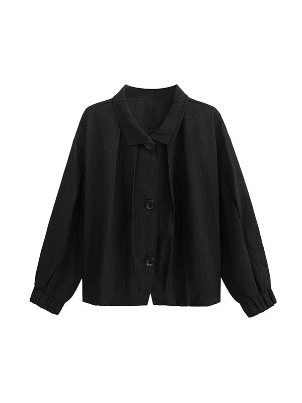 Long Sleeves Loose Buttoned Elasticity Pleated Stand Collar Jackets Outerwear