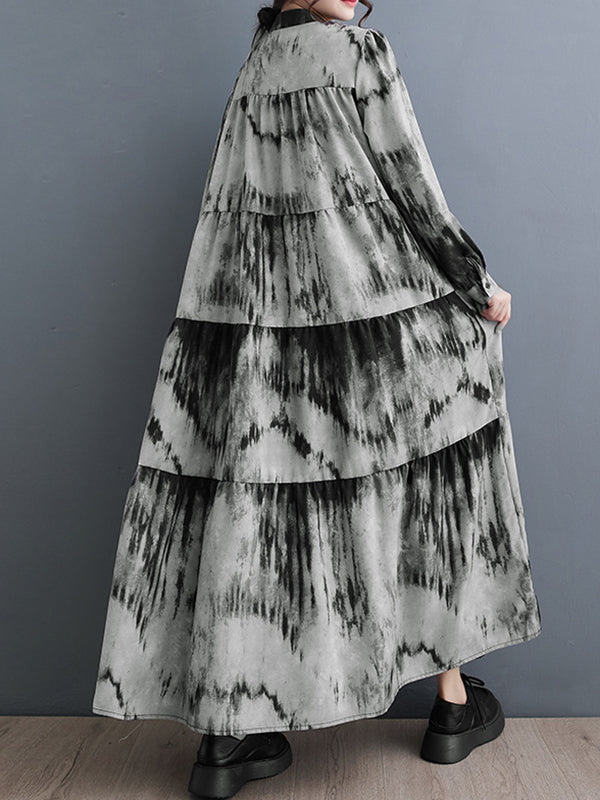 Long Sleeves Loose Pleated Split-Joint Tie-Dyed Stand Collar Midi Dresses