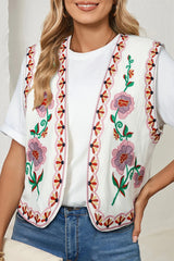 White Boho Floral Embroidered Cardigan Vest