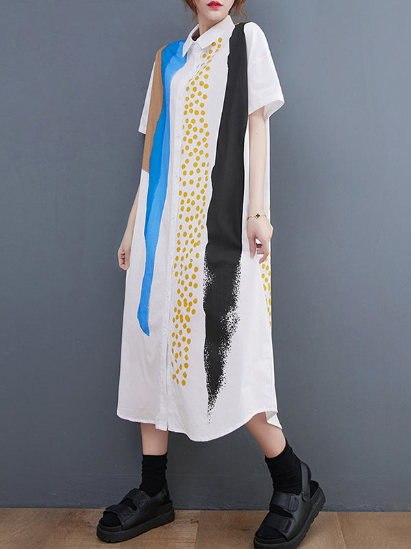 Artistic Retro Short Sleeves Loose Contrast Color Polka-Dot Lapel Collar Midi Shirt Dress