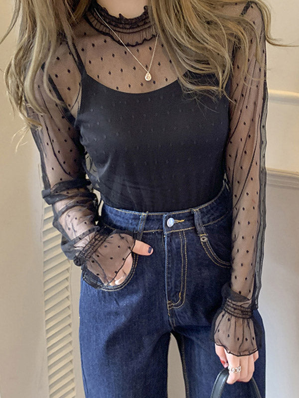 Original Stylish Hollow Mesh Lace High-Neck Long Sleeves T-Shirt Top