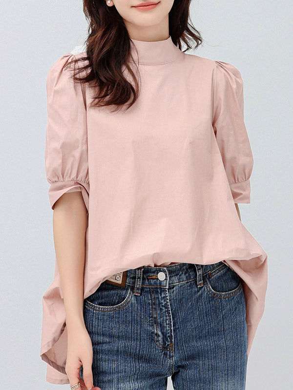 Half Sleeves Loose Bowknot Pleated Solid Color Mock Neck Blouses&Shirts Tops