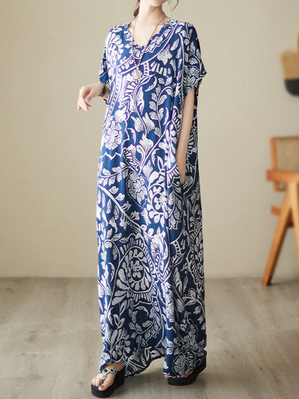 Loose Short Sleeves Printed V-Neck Maxi Dresses