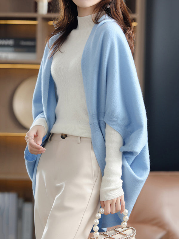 Urban Wool Loose Solid Color Batwing Sleeves Cape Cardigan Tops