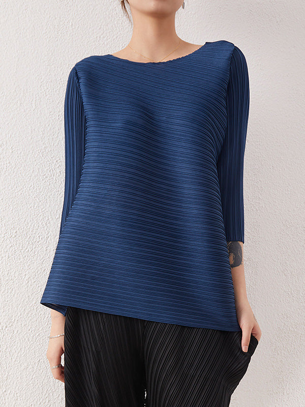 Simple Three-Quarter Sleeves Loose Pleated Solid Color Round-Neck T-Shirts Tops