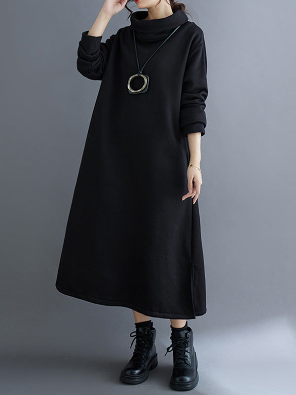 A-Line Long Sleeves Pockets Solid Color Split-Side Velvet High Neck Midi Dresses