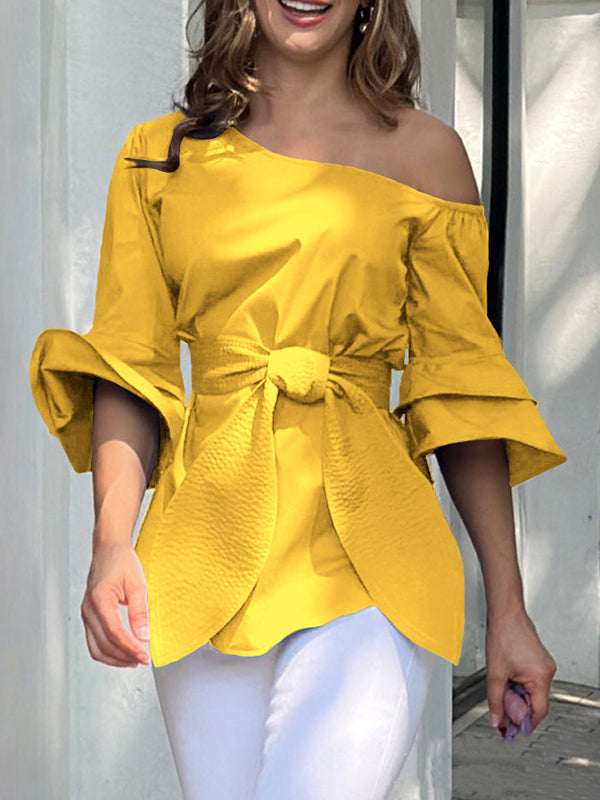 Flared Sleeves Asymmetric Knot Solid Color One-shoulder Blouses&shirts Tops