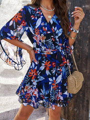 Flared Sleeves Half Sleeves Flower Print Ruffle Trim Split-Joint Tied Waist V-Neck Mini Dresses