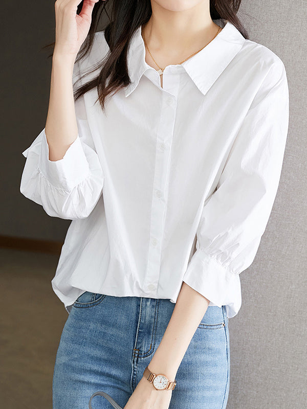 Simple Casual Loose Puff Sleeves White Blouse