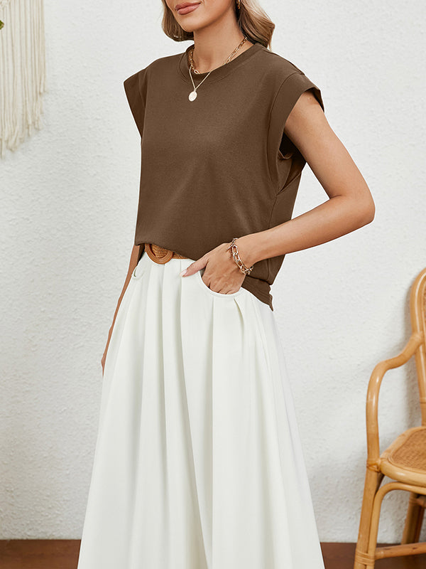 Loose Short Sleeves Solid Color Split-Joint Round-Neck T-Shirts