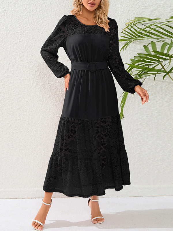 A-Line Long Sleeves Belted Elasticity Mesh Solid Color Split-Joint Round-Neck Maxi Dresses