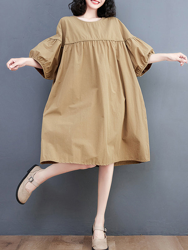 Loose Short Sleeves Solid Color Round-Neck Midi Dresses