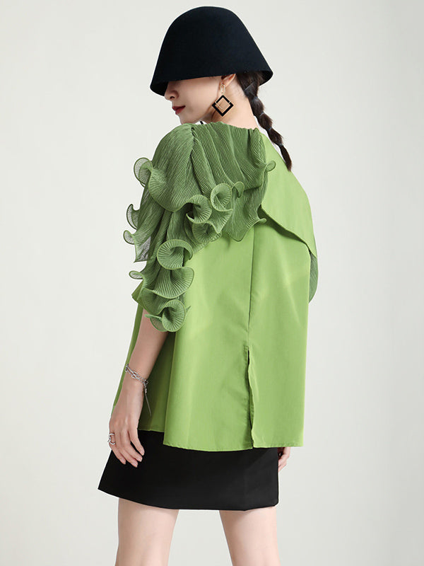 Stylish Asymmetric Split-Joint Falbala With Belted Half Sleeves Blouses