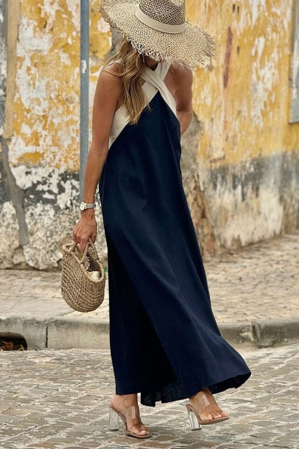 Cross-Strap Halter Neck Flared Colorblock Maxi Dress