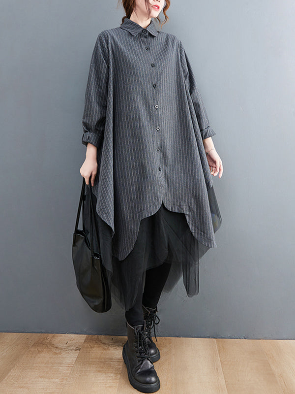 Loose Striped Gauze Split-Joint Lapel Long Dress