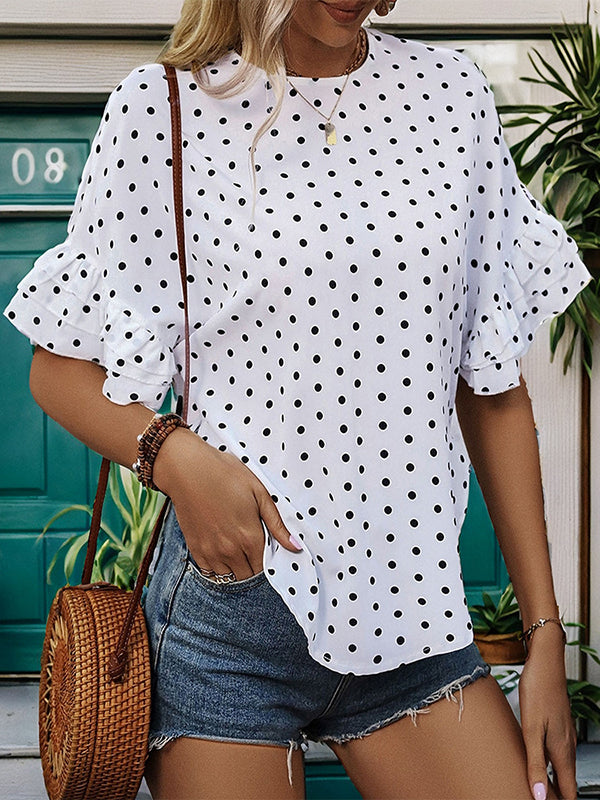 Half Sleeves Loose Hollow Polka-Dot Split-Joint Round-Neck Blouses&Shirts Tops