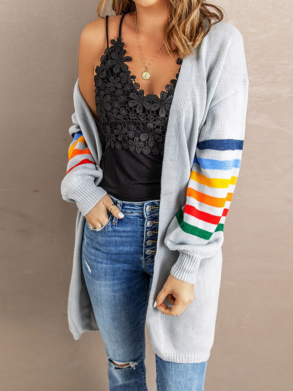 Long Sleeves Loose Colorful Contrast Color Striped Collarless Cardigan Tops