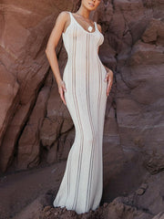 Skinny Sleeveless Backless Hollow See-Through Solid Color Split-Joint Wide Straps Maxi Dresses