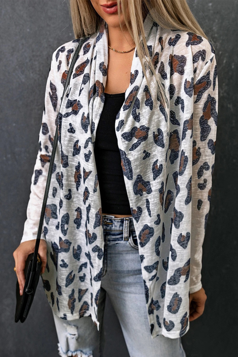 White Leopard Print Casual Open Front Cardigan