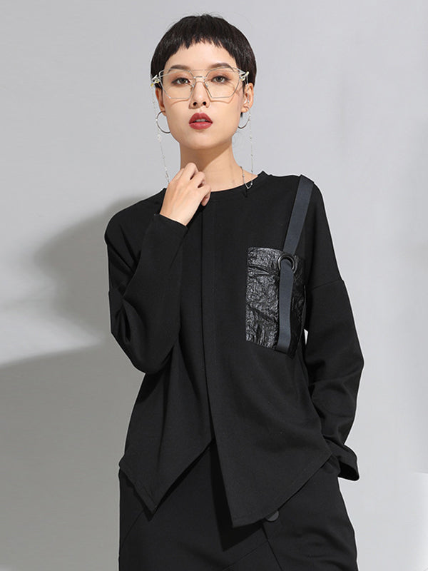 Fashion Loose Long Sleeves Split-Front Round-Neck T-Shirts Tops