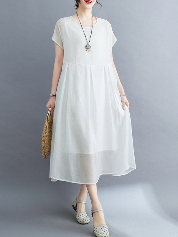 Loose Short Sleeves Solid Color Split-Joint Round-Neck Midi Dresses