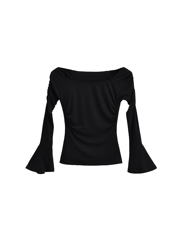 Flared Sleeves Long Sleeves Pleated Solid Color Boat Neck T-Shirts Tops