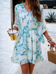 Flared Sleeves Half Sleeves Flower Print Ruffle Trim Split-Joint Tied Waist V-Neck Mini Dresses