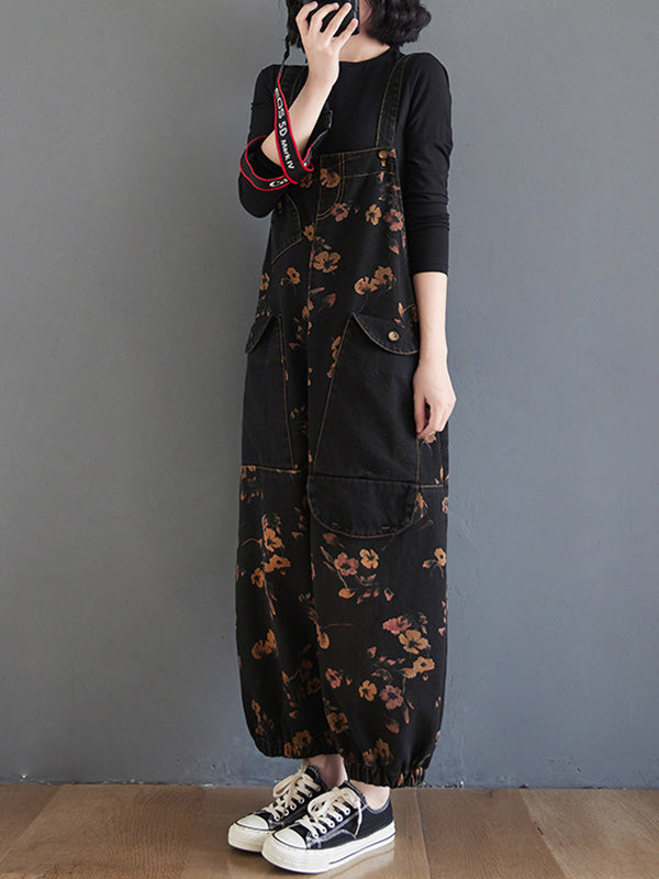 Original Floral With Pocket Harem Denim Overalls