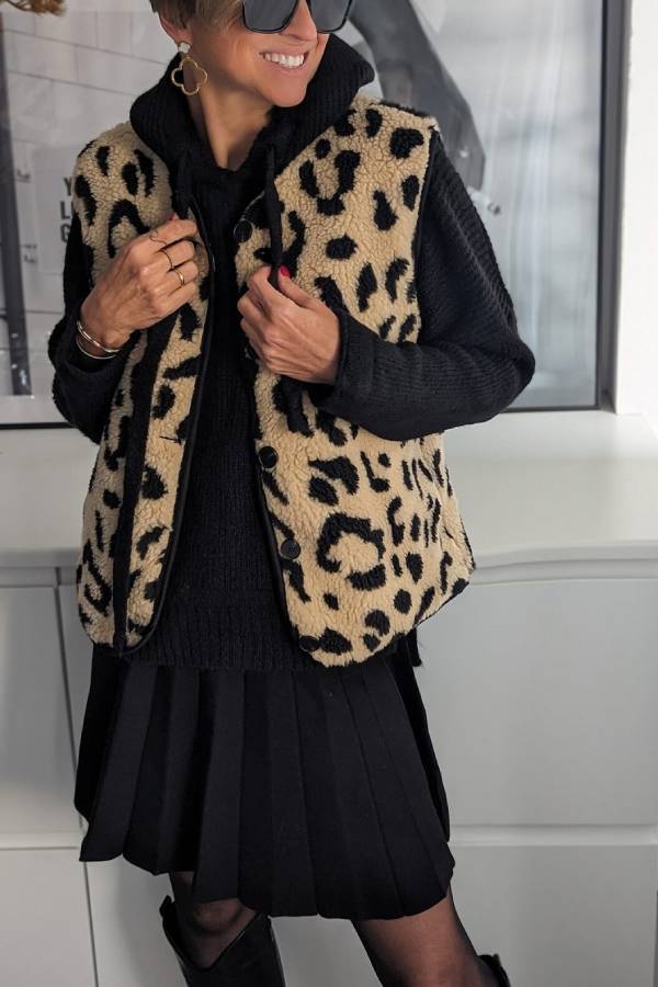 Women's Leopard Print Front Opening Casual Autumn and Winter Vest Jacket