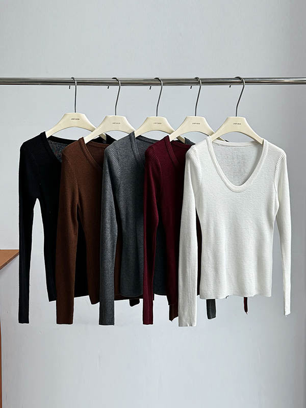 Long Sleeves Skinny Solid Color Split-Joint U-Neck T-Shirts