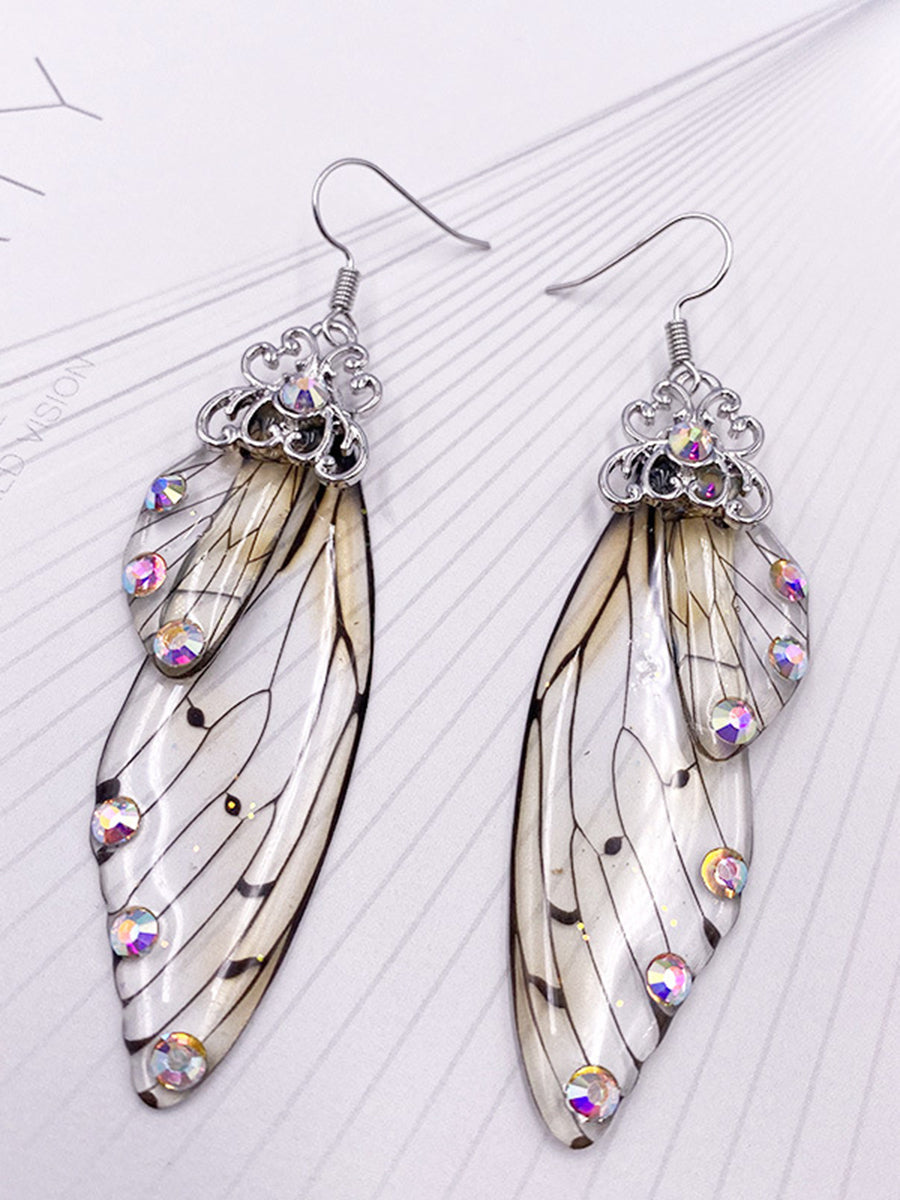 Butterfly Wing Grey Rhinestone Cicada Wing Crystal Earrings