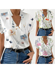 Loose Short Sleeves Floral Printed Split-Joint Stand Collar Blouses&Shirts Tops