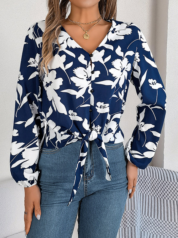 Long Sleeves Loose Buttoned Elasticity Flower Print Tied V-Neck Blouses&Shirts Tops